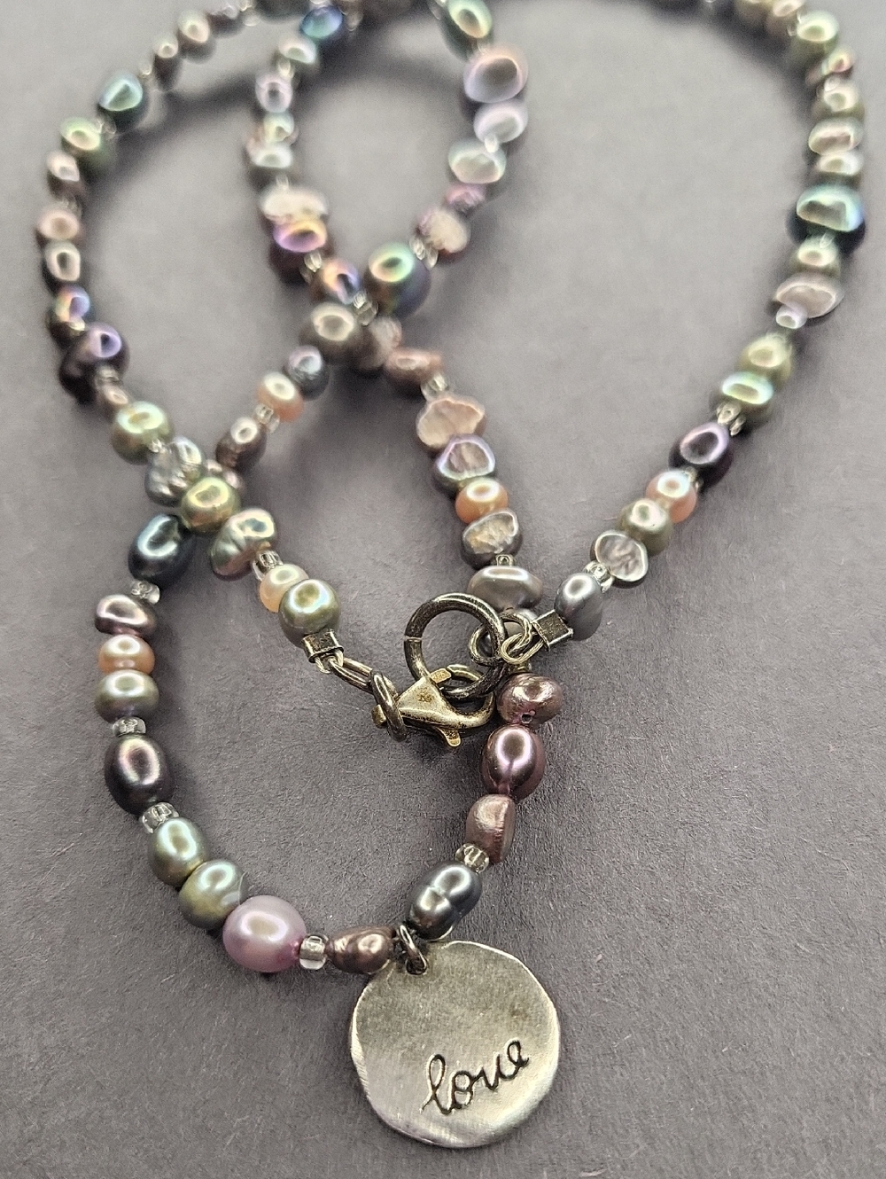Iridescent Pearl Necklace with Love Charm